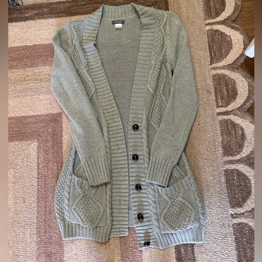 VENUS Light Gray Cable Knit Button-Front Cardigan… - image 1